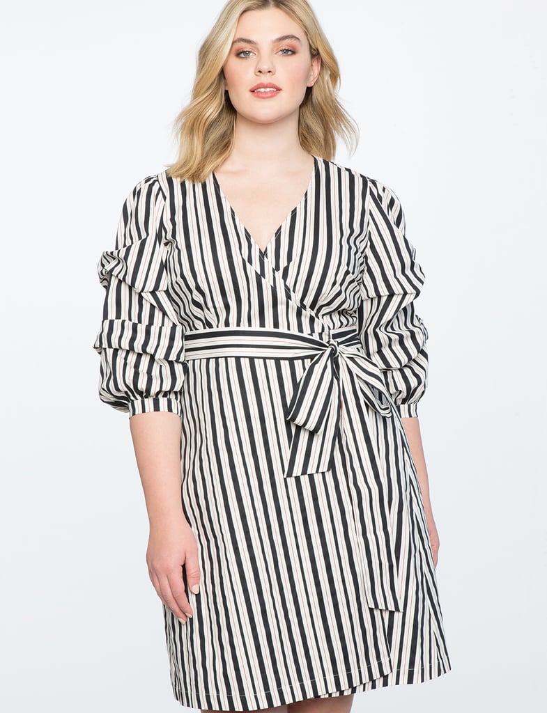 Eloquii 3/4 Puffed Sleeve V-Neck Self-Tie Striped Wrap Dress - Stripes - Black Multi