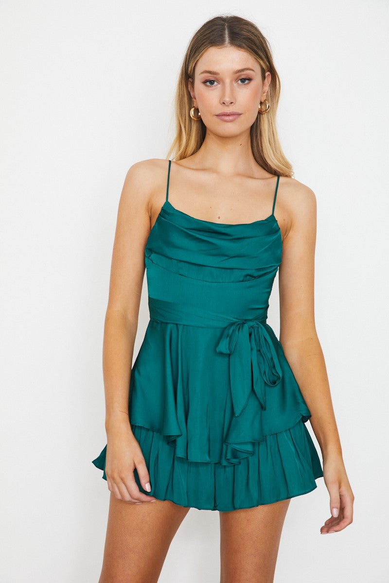 One And Only Emerald Satin Cowl Neck Romper / L