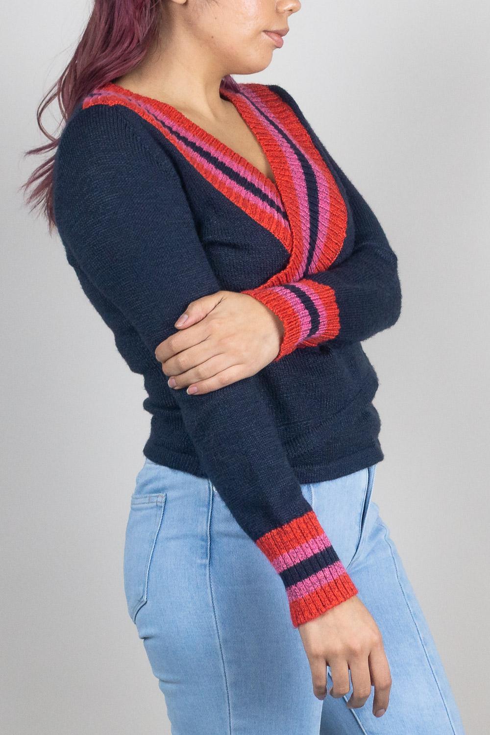 C/meo Collective Long Sleeve V-Neck Crossover Sweater - Stripes - Navy Multi/Navy Sculpt