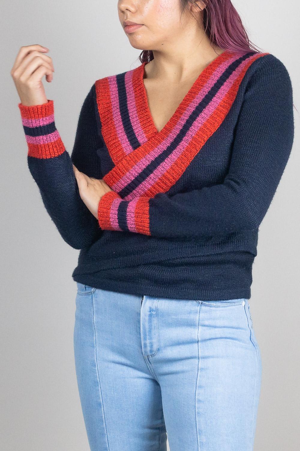 C/meo Collective Long Sleeve V-Neck Crossover Sweater - Stripes - Navy Multi/Navy Sculpt