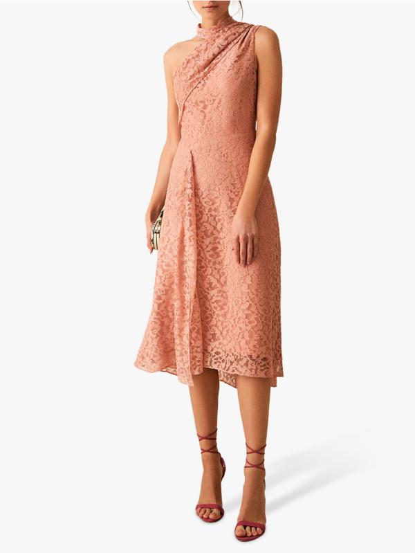 Reiss Stephie Asymmetric Neckline Midi Dress - /Pink - 8