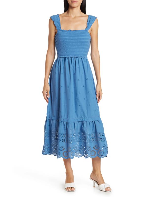 Betsey Johnson Smocked Embroidered Eyelet Midi Dress - Eyelet - Blue/Federal Blue - M