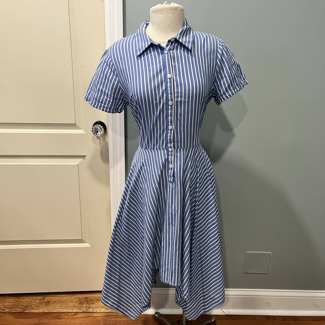 London Times Short Sleeve Belted Asymmetric Shirtdress - Stripes - Blue Multi/BLUE/WHITE - 12