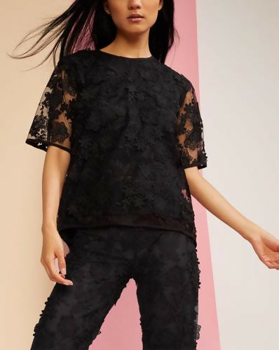 Cynthia Rowley Short Sleeve Lace Overlay Top - Floral - Black - M