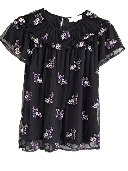 MICHAEL Michael Kors Floral Embroidered Short Sleeve Top Black/Floral Size Small