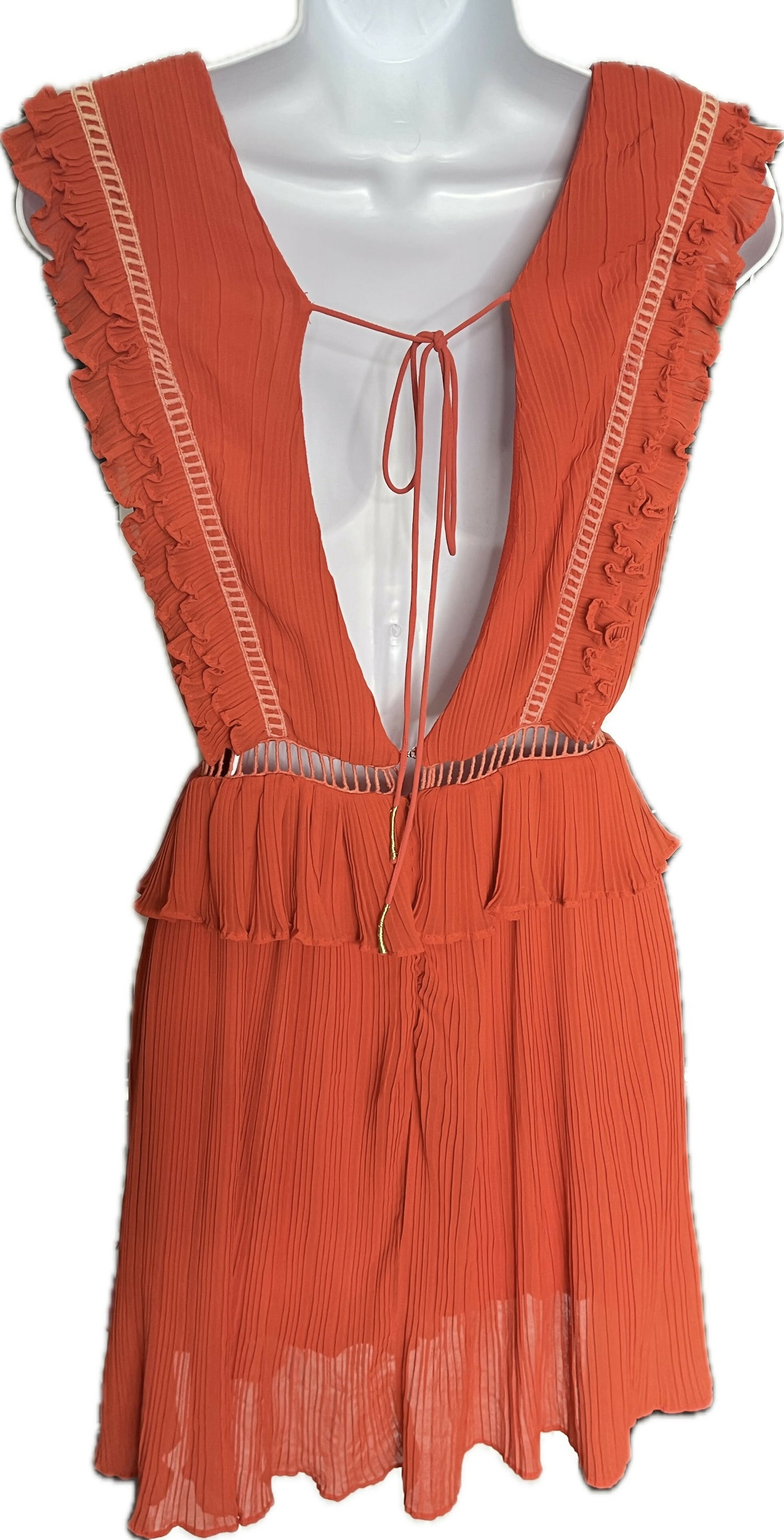 Moon River Open Back Embroidered Ruffle Sleeveless Accordion Dress red orange XS