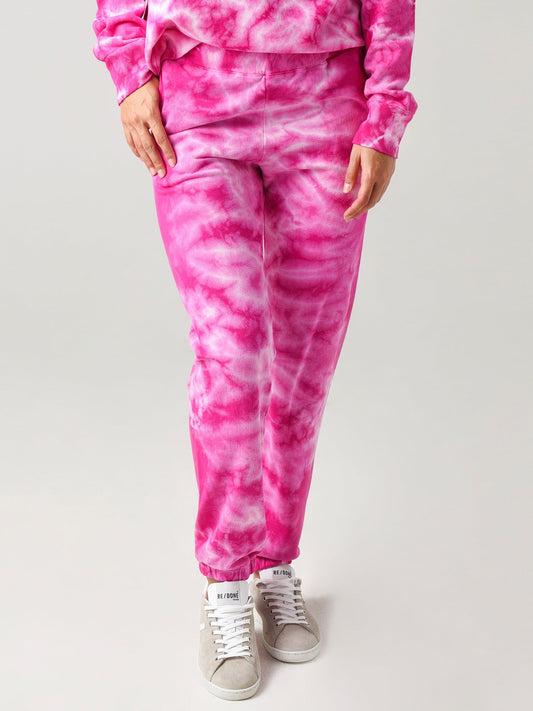 Monrow Crystal Boyfriend Sweatpant - Tie Dye - Pink Multi/Fuchsia