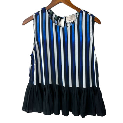 Nicole Miller Ny Blue Striped Blouse Pleated Sleeveless Sz L