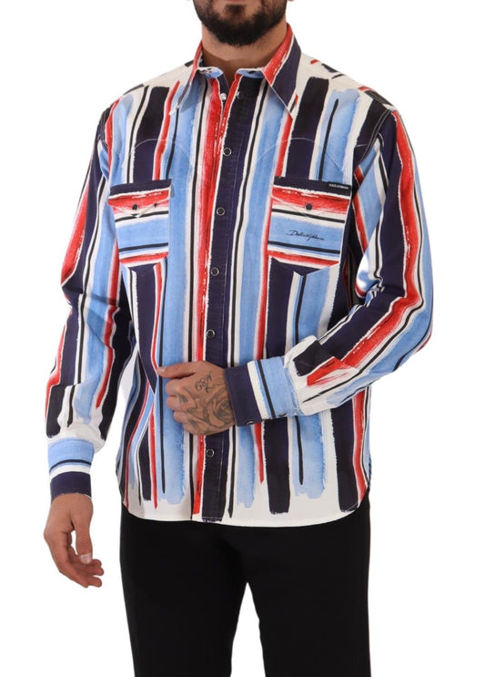Dolce & Gabbana Red Striped Long Sleeve Cotton Shirt Blue/IT40 | M/Red