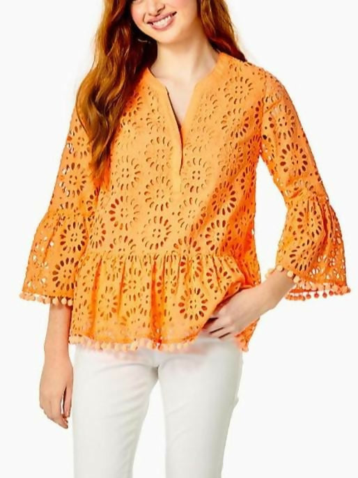 Lilly Pulitzer 3/4 Sleeve Bekah Eyelet Top - Eyelet - Orange/Cantaloupe Oversized Pinwheel Eyelet - XL
