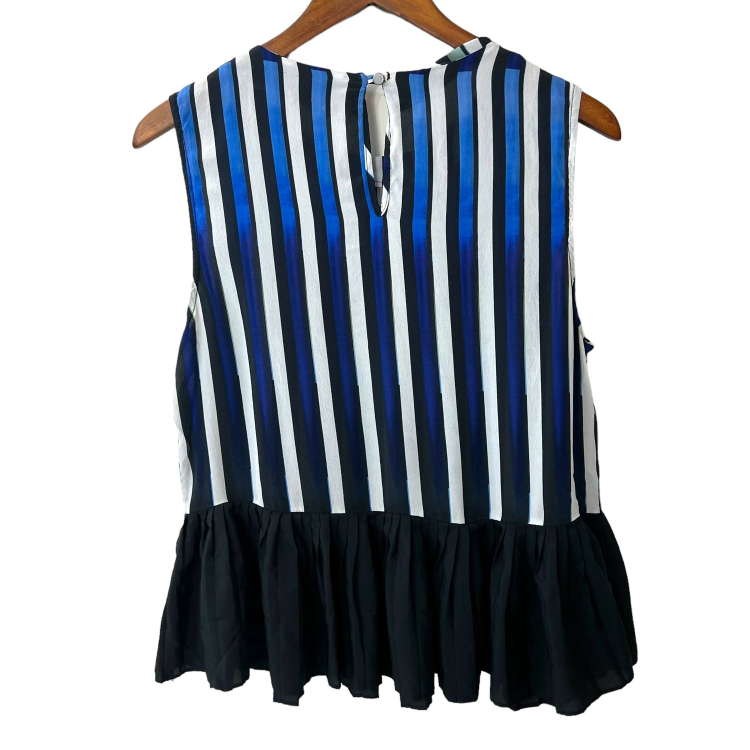 Nicole Miller Ny Blue Striped Blouse Pleated Sleeveless Sz L