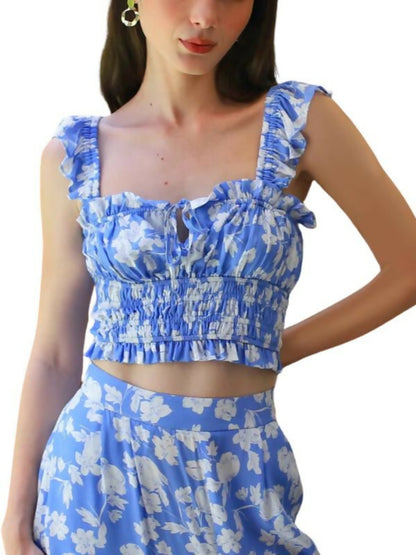 Yumi Kim Kary Keyhole Crop Top - Floral - Blue White - M