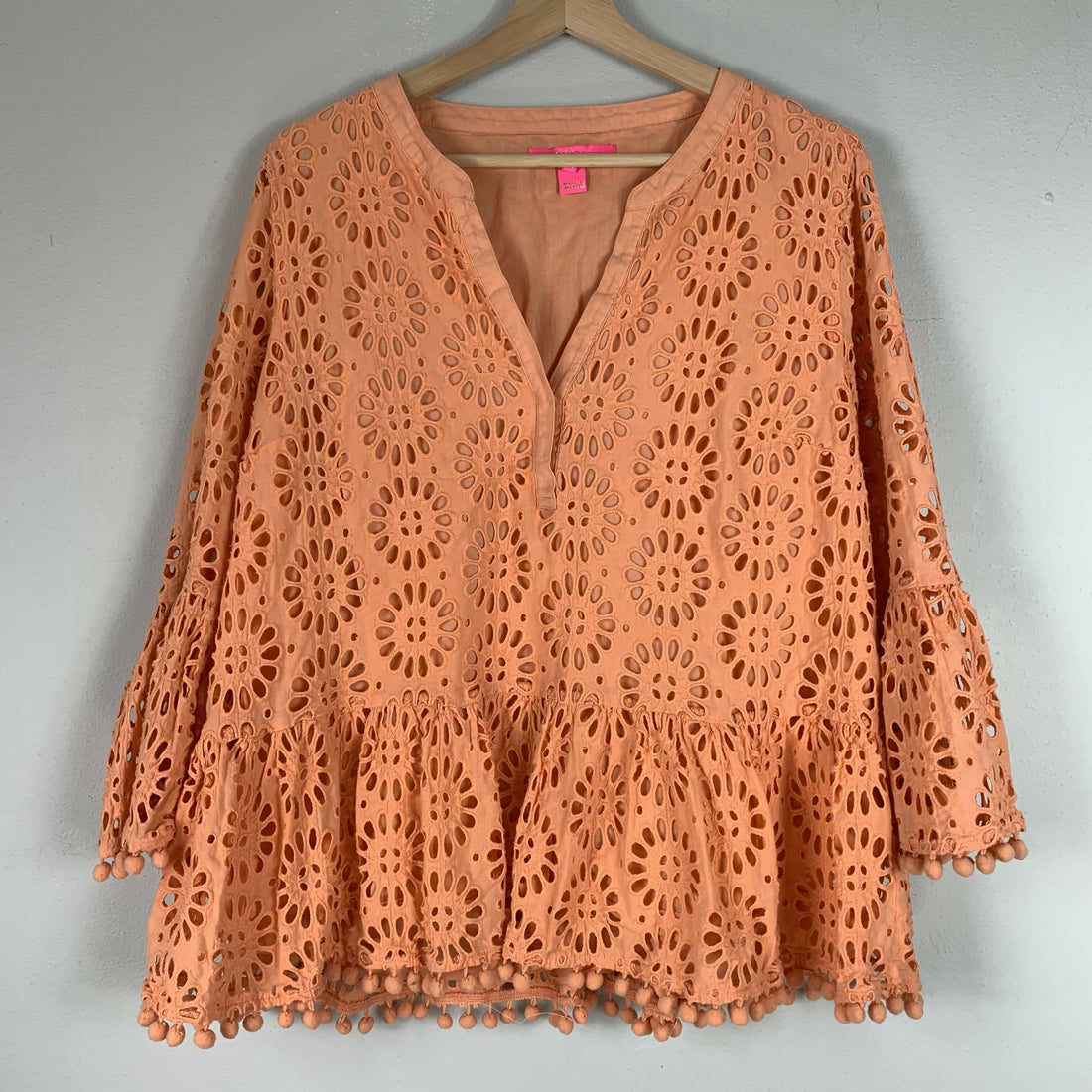 Lilly Pulitzer 3/4 Sleeve Bekah Eyelet Top - Eyelet - Orange/Cantaloupe Oversized Pinwheel Eyelet - XL