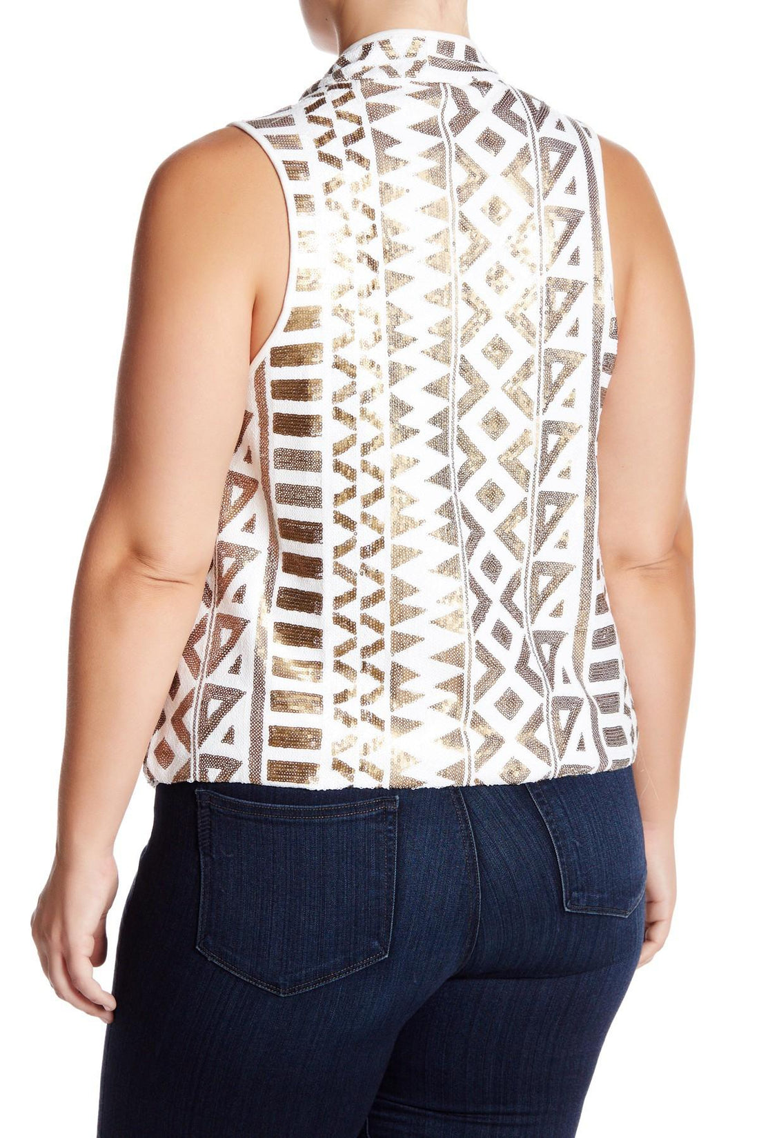 Tart Open Front Sequin Vest - Geometric - White Multi/Graphic Sequin