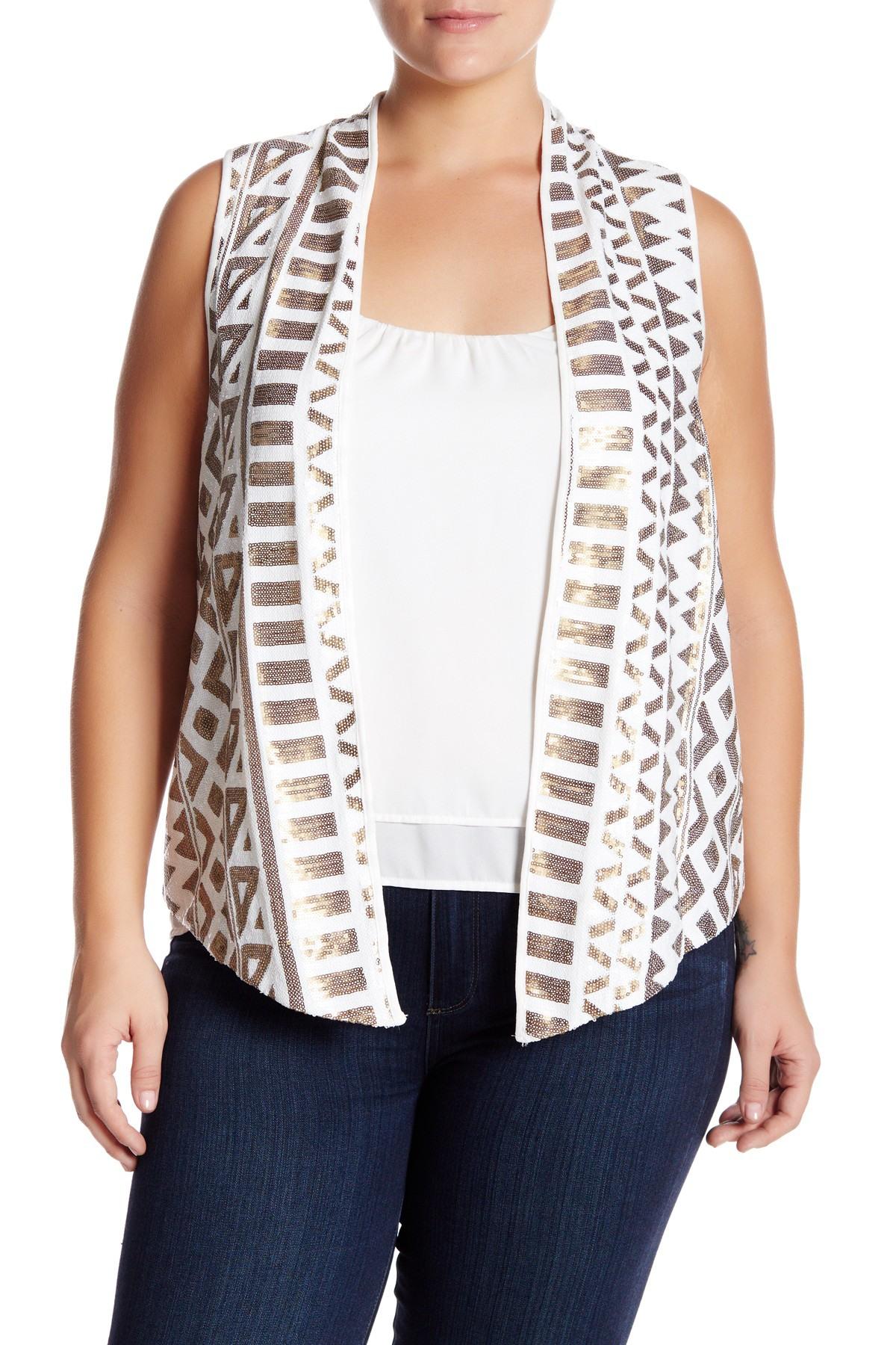 Tart Open Front Sequin Vest - Geometric - White Multi/Graphic Sequin