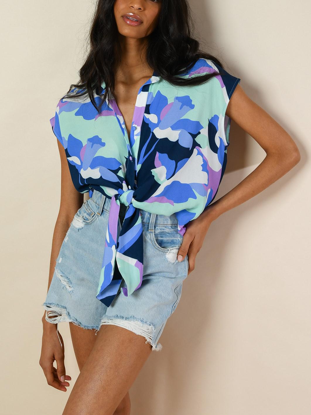 Hutch Short Sleeve Brickell Tie Top - Floral - Navy Multi/Navy Colorblock Daffodils