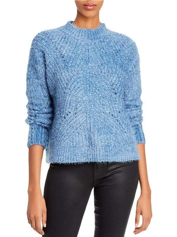 Aqua Pointelle Mock Neck Cropped Sweater Blue Large