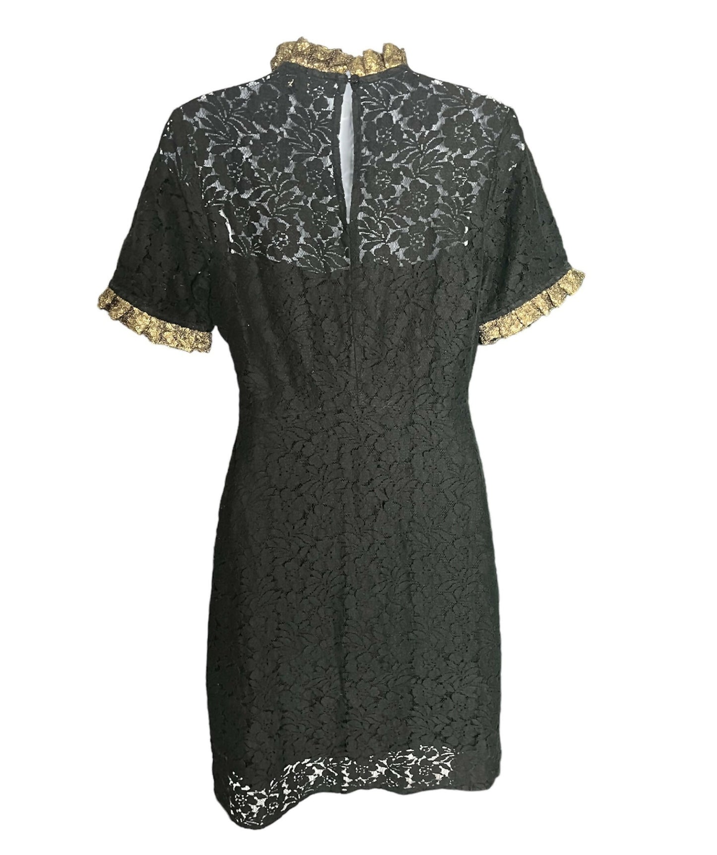 Samshek Short Sleeve Gold Ruffle Lace Overlay Dress Floral Black Multi size 8