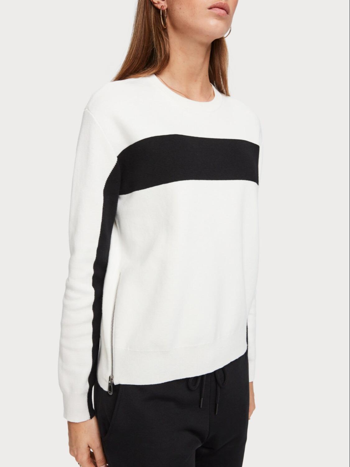 Scotch & Soda Contrast Stripe Side Zip Sweater - Stripes - White Multi/Off White - S