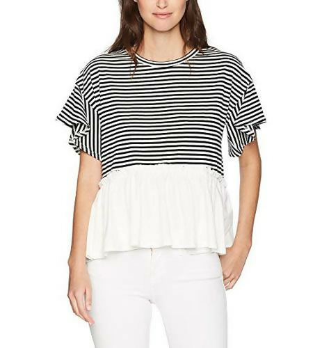 Nicole Miller NY Short Sleeve Ruffle Peplum Tee - Stripes - White Multi - XL