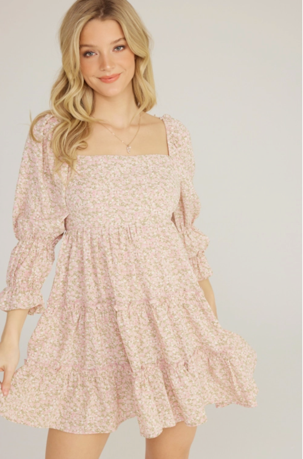 Lush Pink Floral Long Sleeve Tiered Mini dress / M