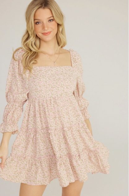 Lush Pink Floral Long Sleeve Tiered Mini dress / S