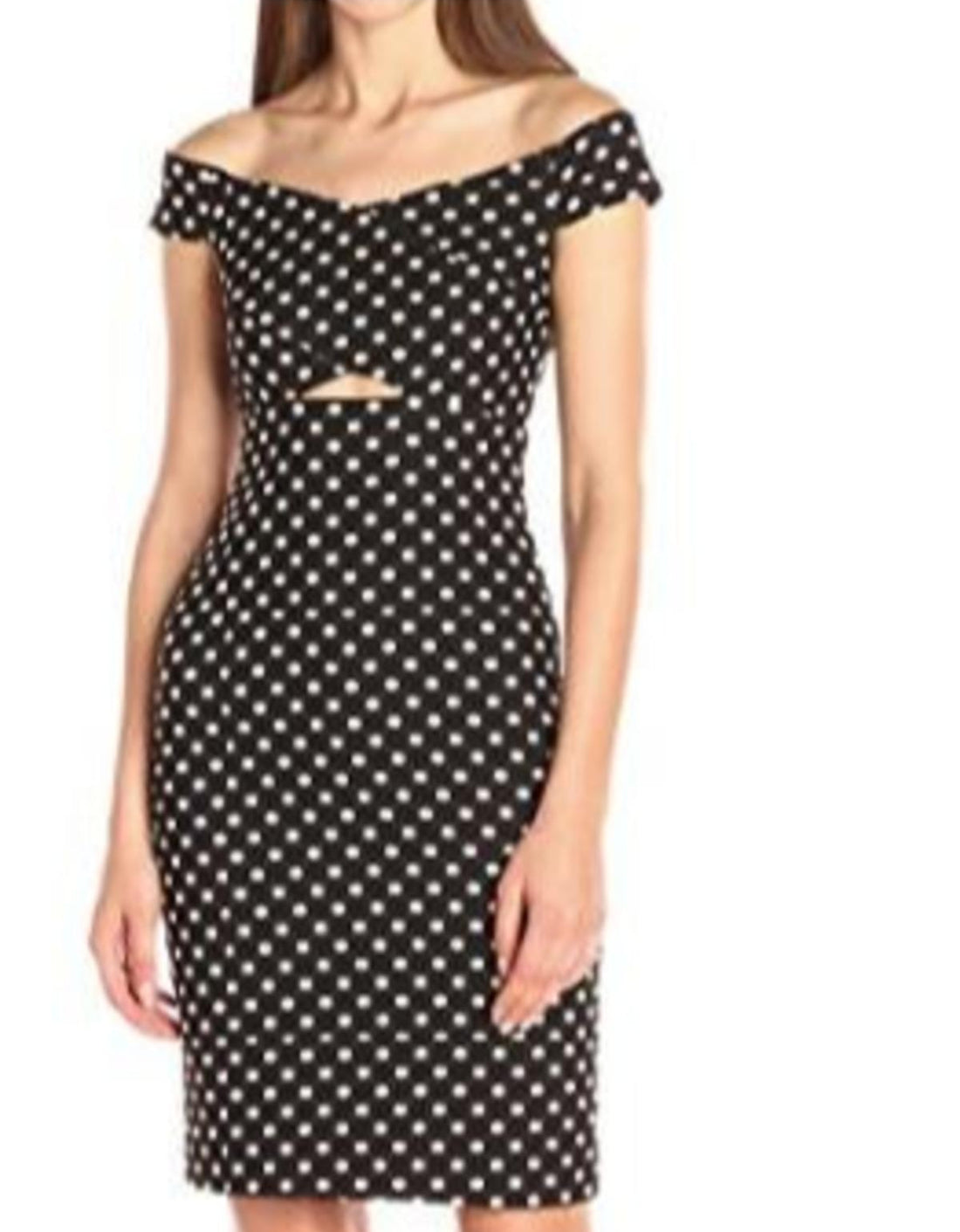 Nicole Miller NY Off the Shoulder Polka-Dot Jaquard Sheath Dress Black Gold 8