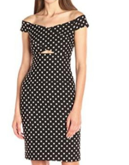 Nicole Miller NY Off the Shoulder Polka-Dot Jaquard Sheath Dress Black Gold 8