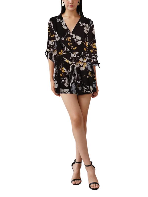 Yumi Kim Liz V-Neck Adjustable Sleeve Romper - Floral - Black Multi/Love Triangle Black - XS