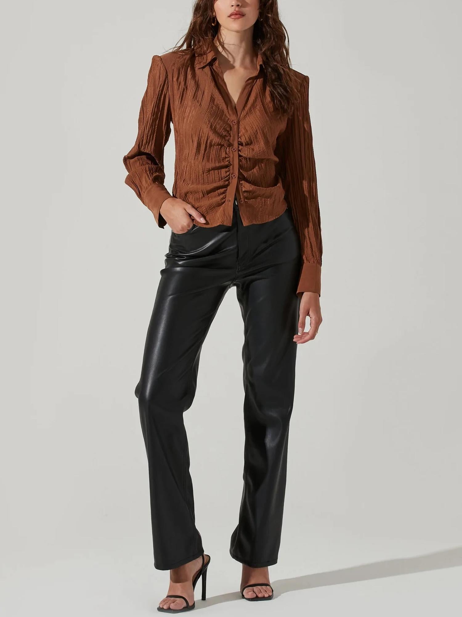 ASTR the Label Padded Shoulder Textured Ruched Button Up - Brown