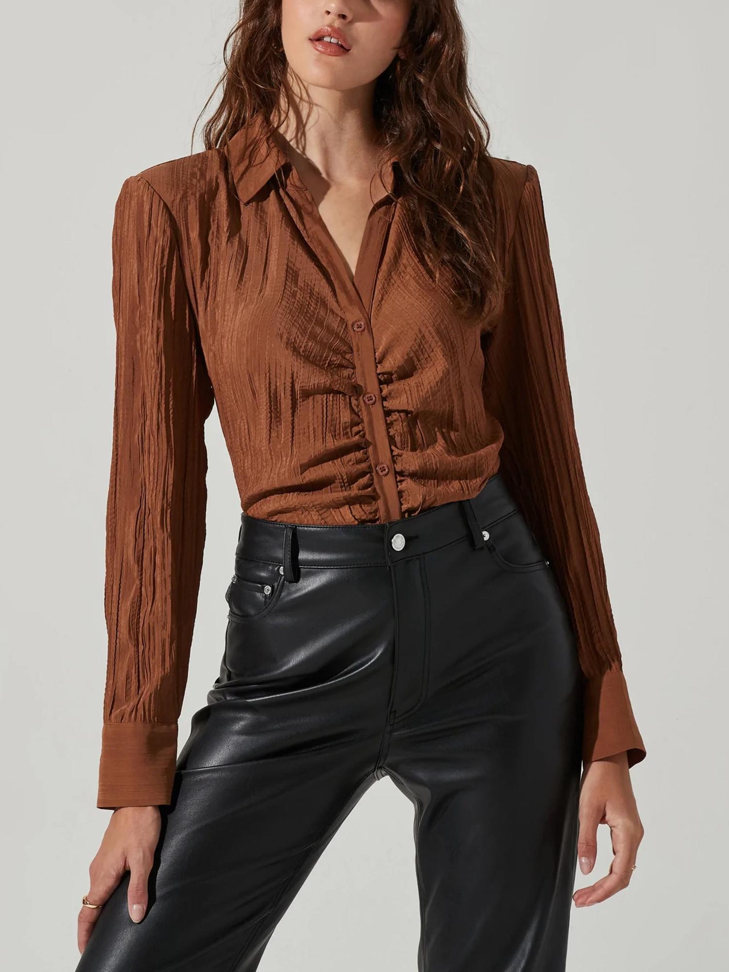 ASTR the Label Padded Shoulder Textured Ruched Button Up - Brown