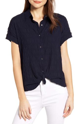 Scotch & Soda Short Sleeve Smocked Button-Down Shirt - /Navy - S