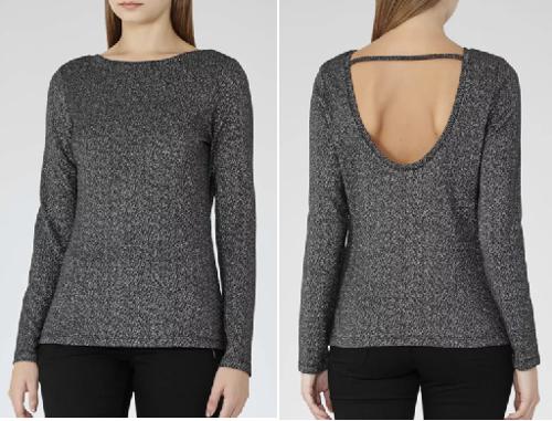 Reiss Long Sleeve Open Back Shimmer Top-Black-Multi Small