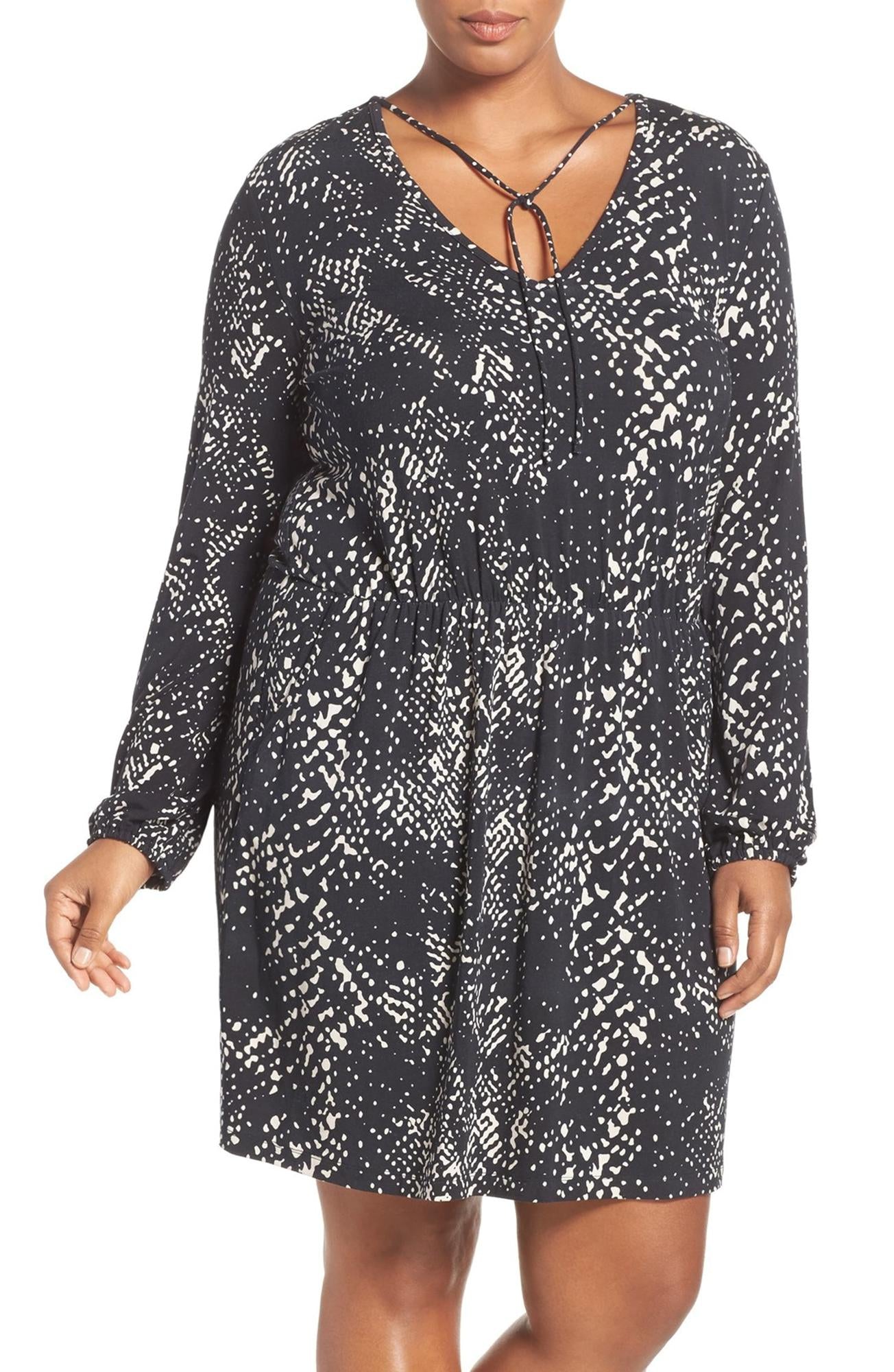 Tart Long Sleeve Tie V-Neck Printed Dress - Abstract - Black Multi/Abstract Python