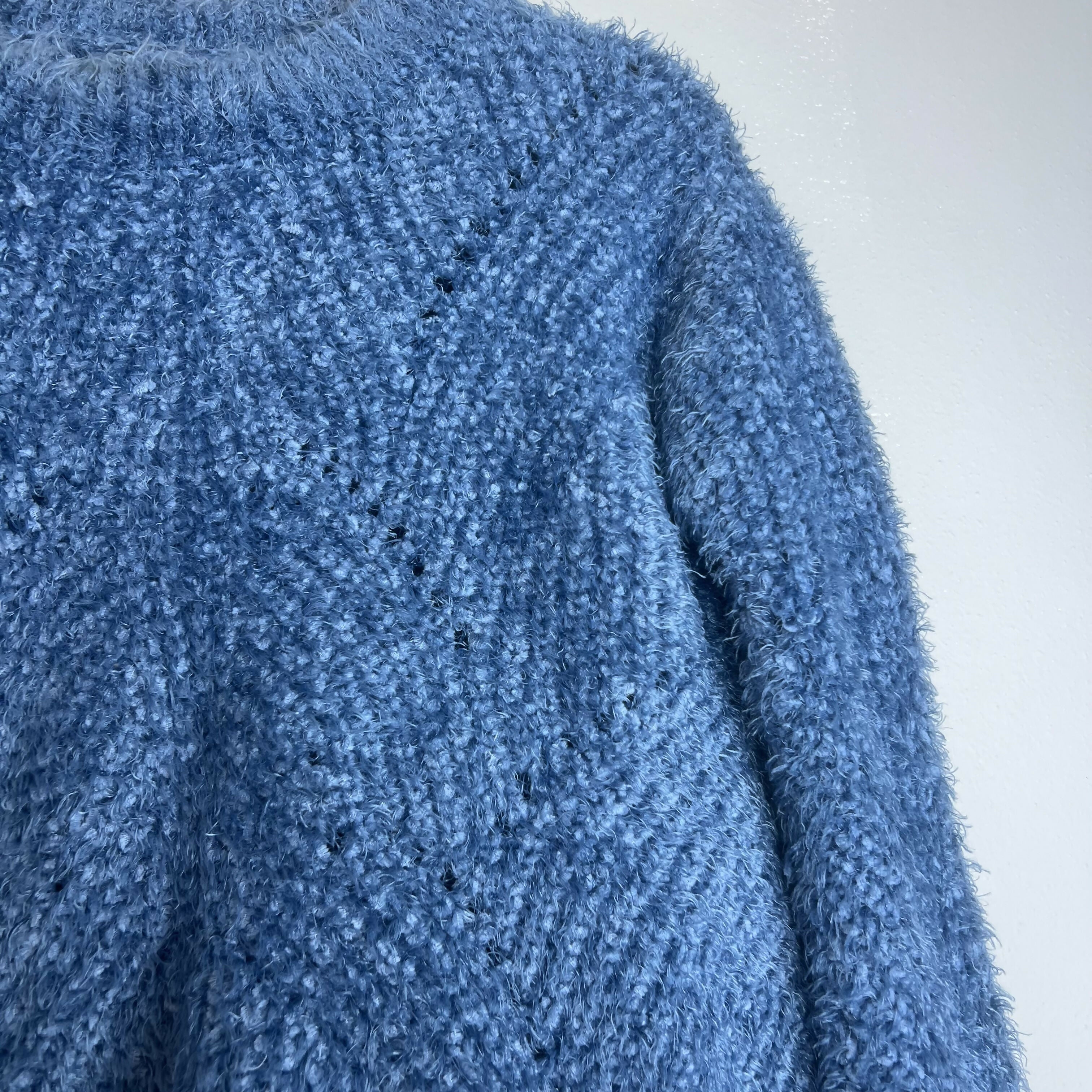 Aqua Pointelle Mock Neck Cropped Sweater Blue Large