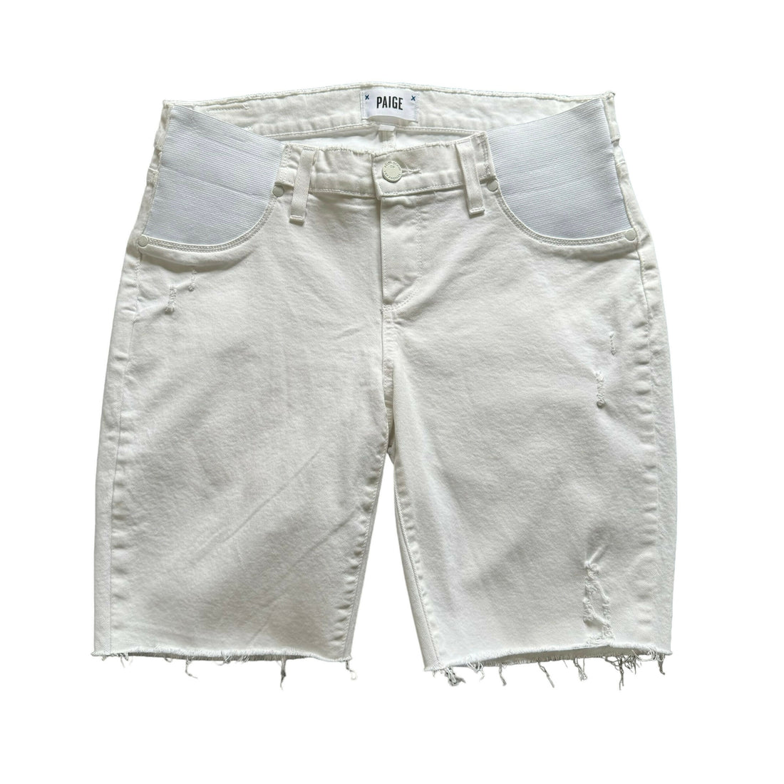 Paige Upcycled Maternity Cropped Distressed Raw Hem Shorts - White - 29M