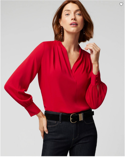 Farinaz Taghavi Long Sleeve Gathered V-Neck Blouse - /Red - XL