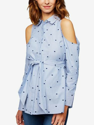 A Pea In The Pod Cold Shoulder Maternity Button-Down Shirt - Polka Dot - Blue - XS