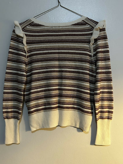 Joie V-Neck Long Sleeve Striped Sweater with Shoulder Ruffle - Stripes - Multi - S