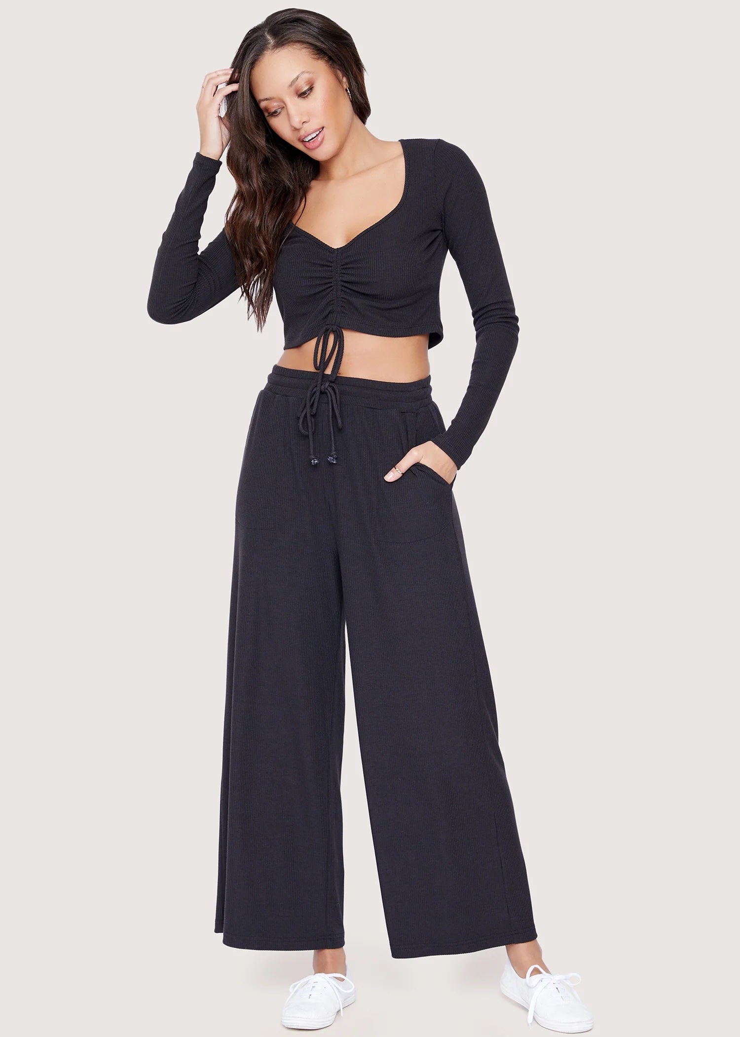 Lost + Wander Bitter Sweet Ribbed Wide Leg Pant - Black - L