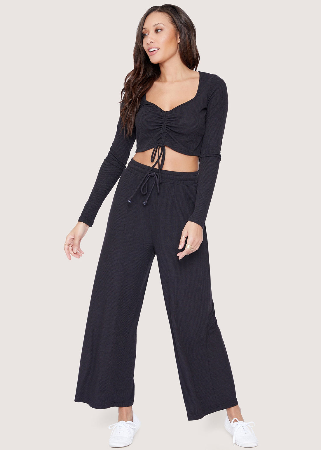 Lost + Wander Bitter Sweet Ribbed Wide Leg Pant - Black