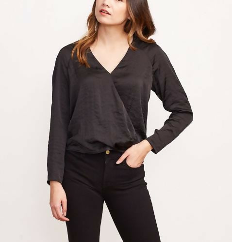 Brass Long Sleeve V-Neck Crossover Blouse - Black - M