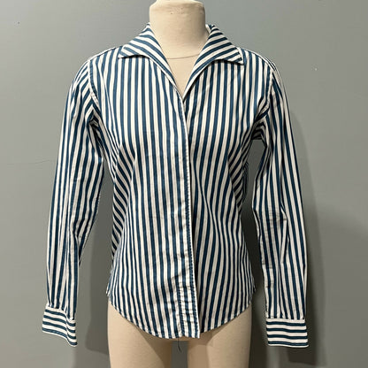 Sarah Alexandra Shapeable Collar Button Up Signature Shirt - Stripes - Blue Multi/Teal Deal - 4