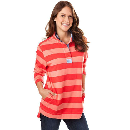 Southern Tide Long Sleeve Skiptide Pullover Button-Down Shirt - Stripes - Pink Multi/Fire Red - M