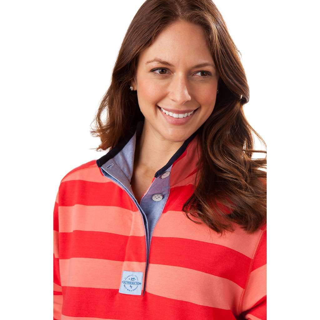 Southern Tide Long Sleeve Skiptide Pullover Button-Down Shirt - Stripes - Pink Multi/Fire Red - M