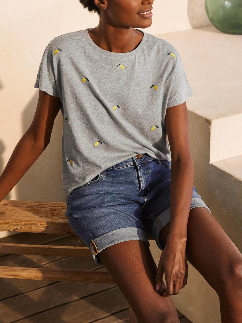 Boden Lena Jersey Tee - Fruits - Gray Multi/Grey Marl/Embroidered Lemons