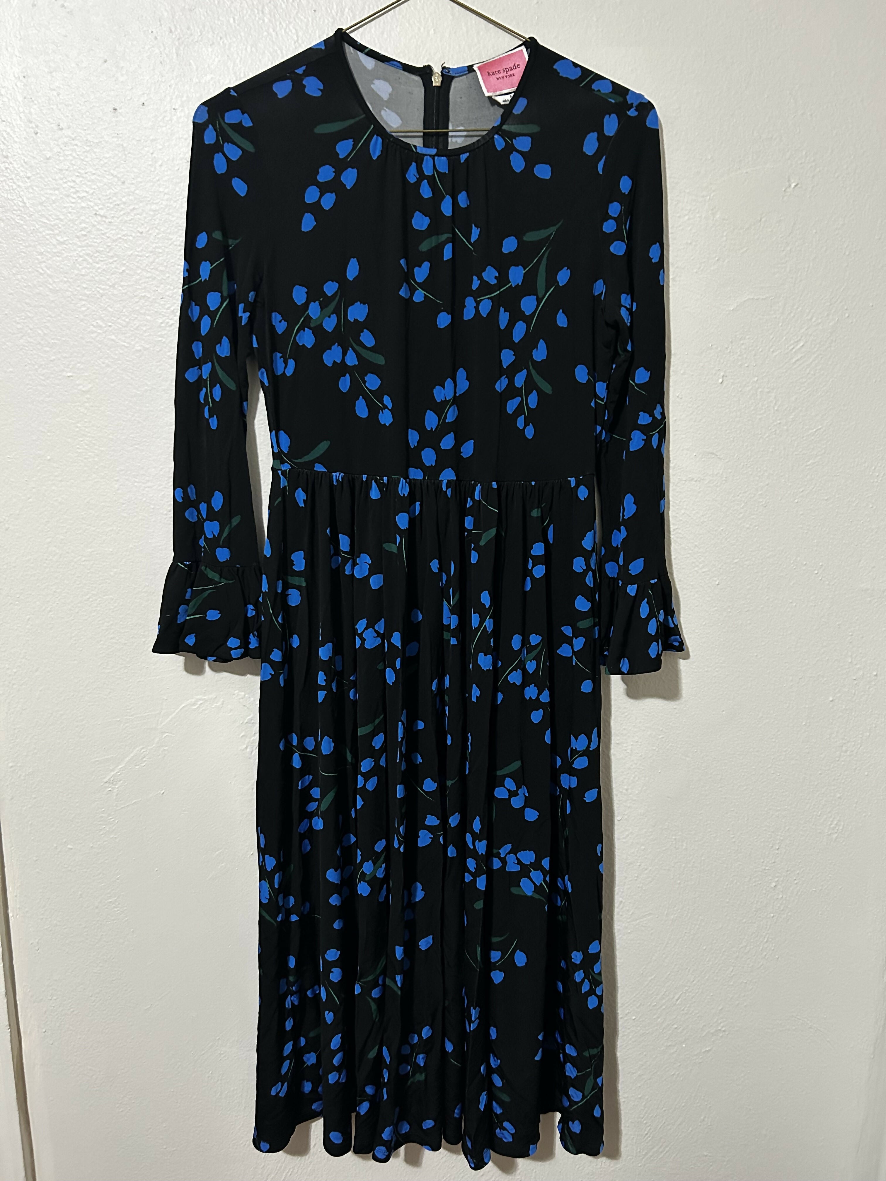 Kate Spade New York Bell Sleeve Floral Midi Dress-Floral-Black/Blue/Multi-6