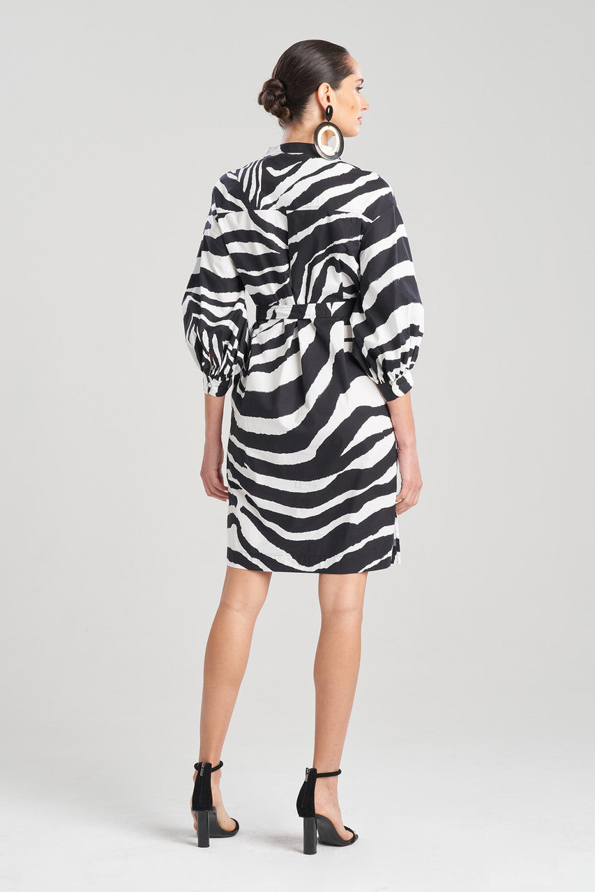 Natori Balloon Sleeve Belted Shirtdress - Animal - Black Multi/Black/White - M