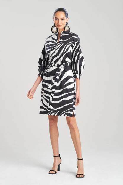 Natori Balloon Sleeve Belted Shirtdress - Animal - Black Multi/Black/White - M