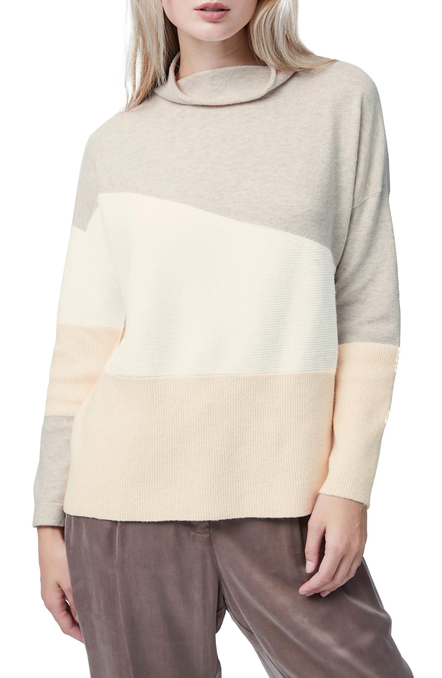 French Connection Sophia Patchwork Tonal Pullover - Color Blocked - Beige Multi/Light Oatmeal Melange - XS